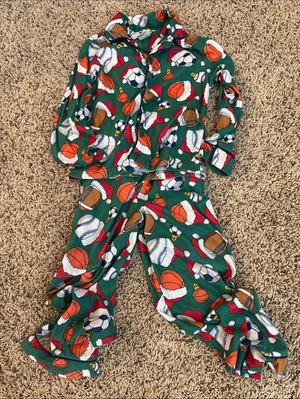 Kids Green Sports-Print Holiday Pajama Set